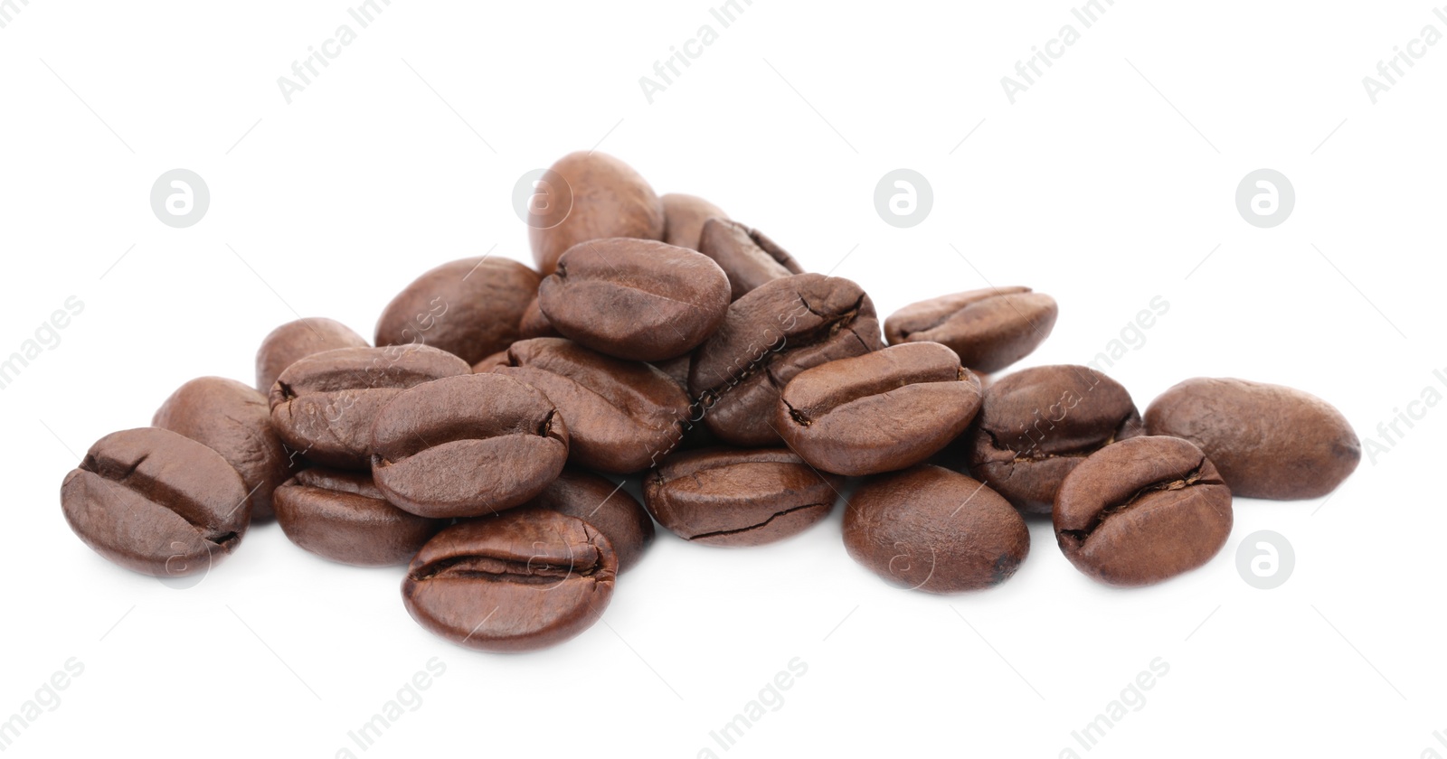 Photo of Many aromatic roasted coffee beans isolated on white