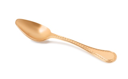 Photo of Stylish clean gold spoon on white background