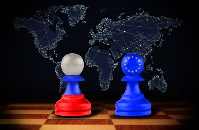 Image of Pawns with European union and Russian flags on chessboard against dark background with world map. Political feud