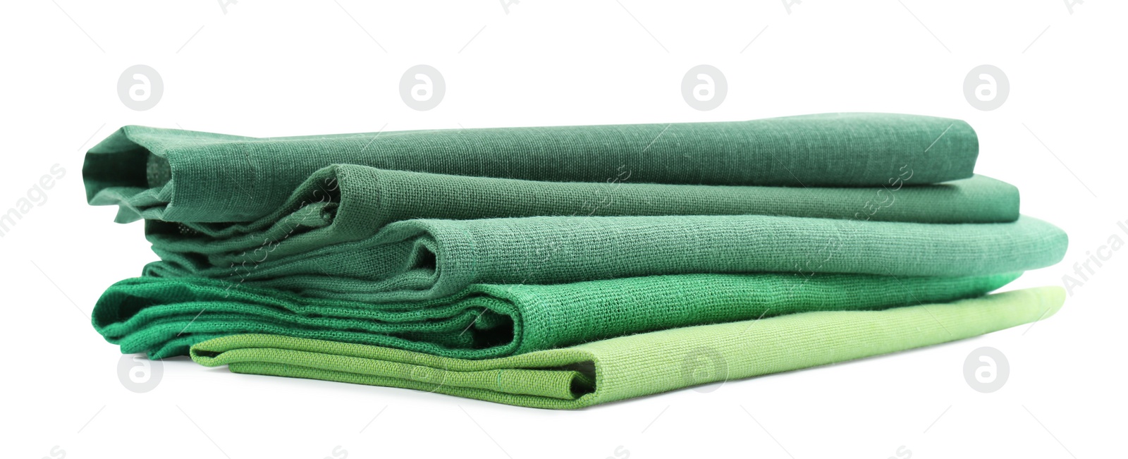 Photo of Stack of fabric napkins for table setting on white background