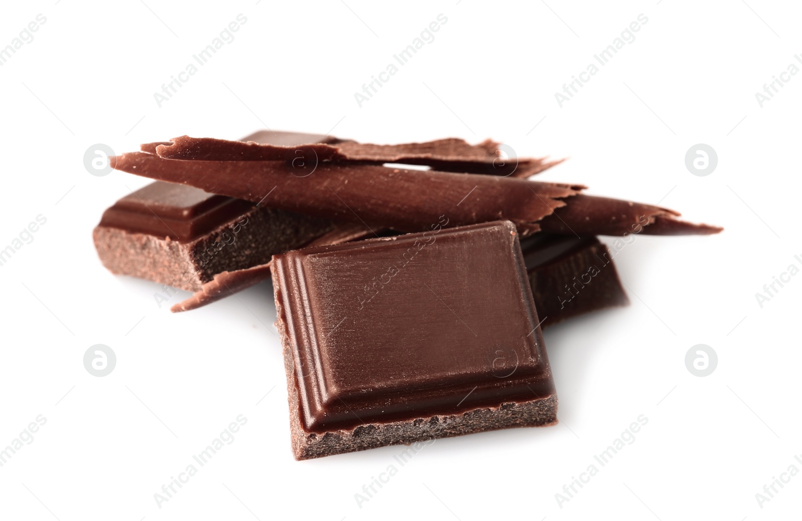 Photo of Chocolate curls and pieces isolated on white