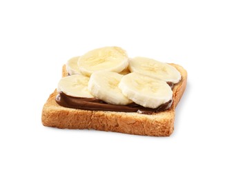 Photo of Delicious toast with bananas and chocolate cream isolated on white