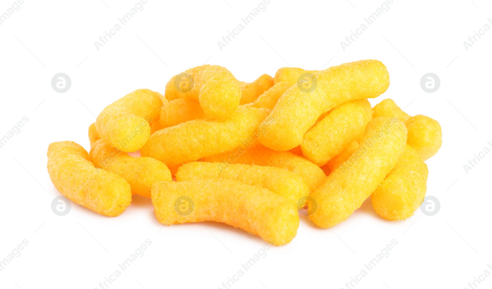 Photo of Many tasty cheesy corn puffs isolated on white