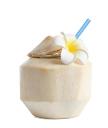 Fresh coconut drink in nut on white background