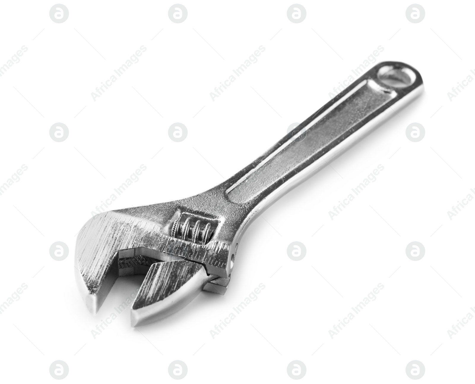 Photo of New adjustable wrench on white background. Plumber tools