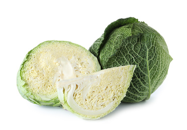 Whole and cut savoy cabbage isolated on white