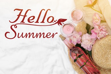 Image of Hello Summer. Flat lay composition with beautiful peonies and rose wine on white fabric