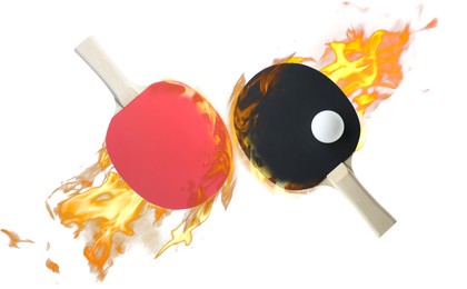 Image of Ping pong rackets and ball in fire on white background
