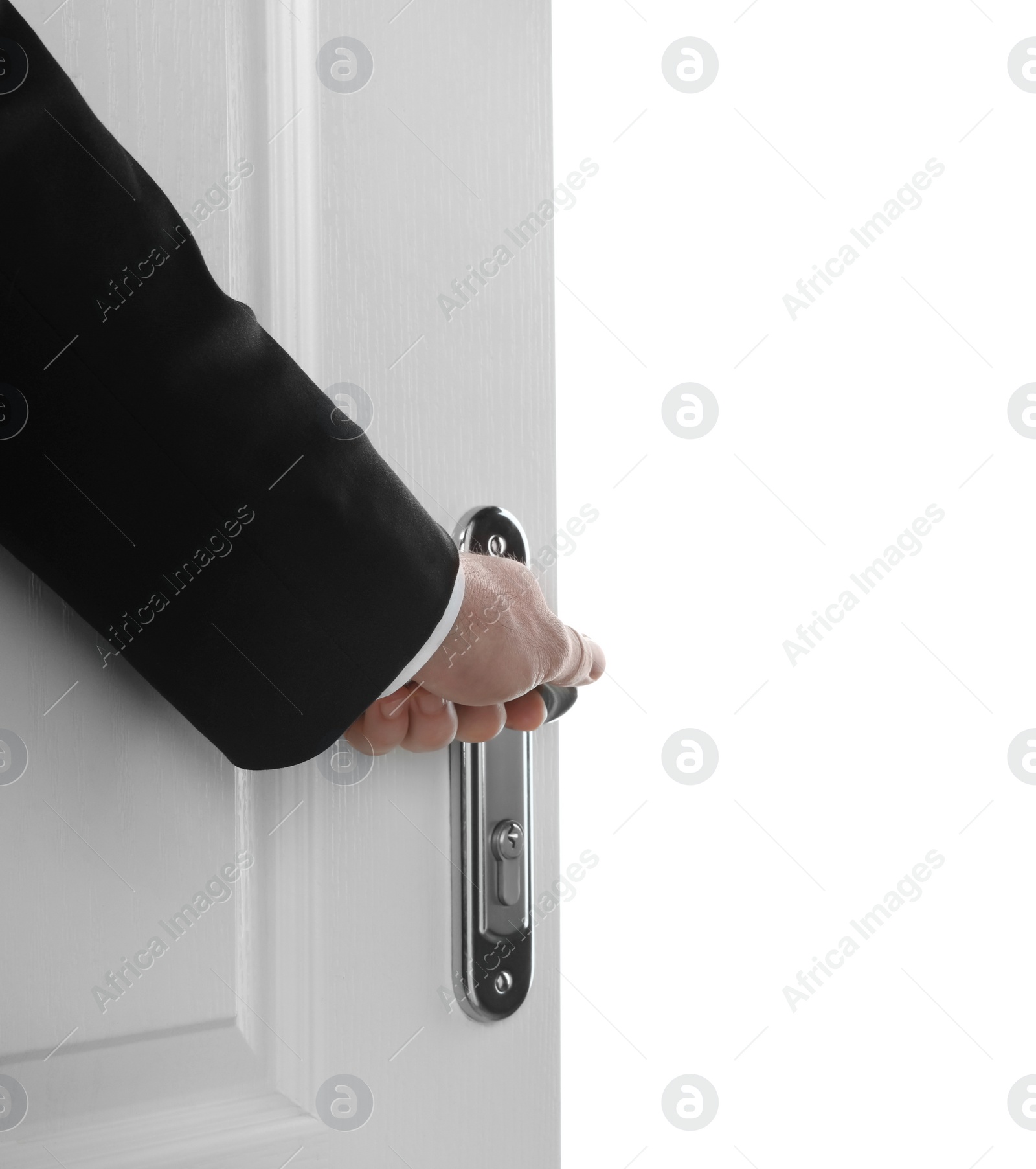 Photo of Man opening wooden door on white background, closeup