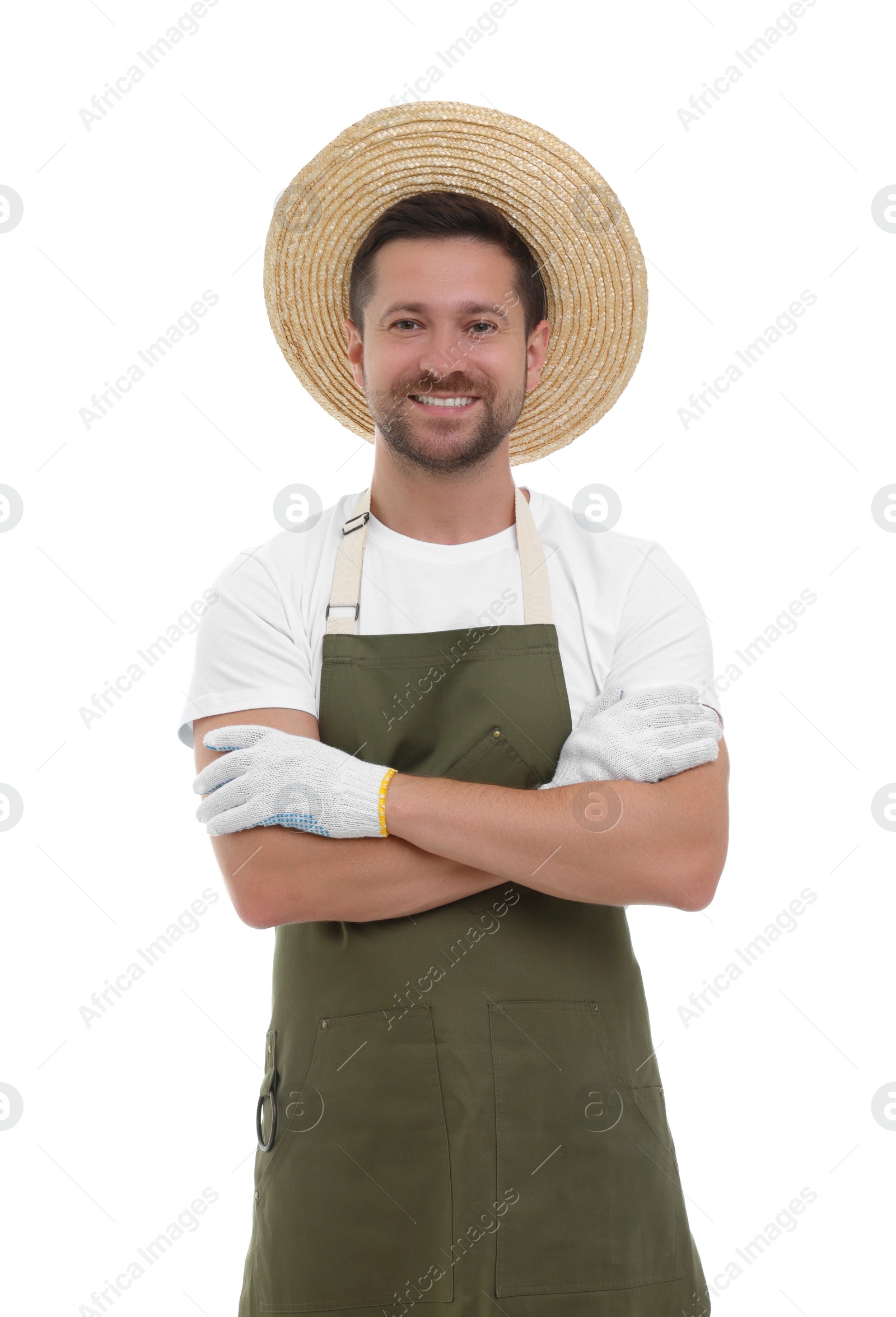 Photo of Smiling farmer with crossed arms on white background. Harvesting season