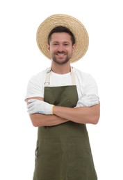 Smiling farmer with crossed arms on white background. Harvesting season