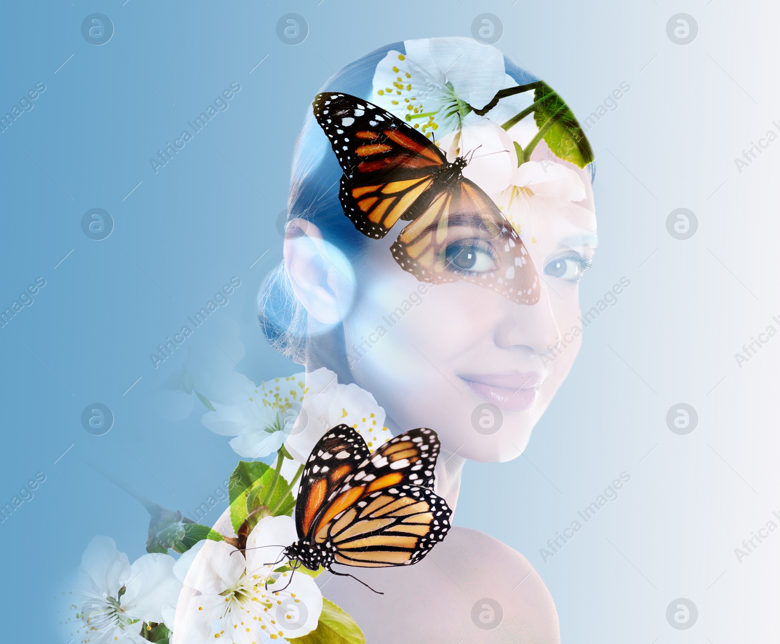 Image of Double exposure of beautiful woman, blooming flowers and butterflies on light blue gradient background