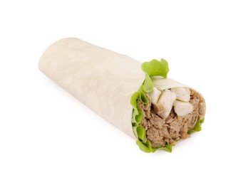 Delicious tortilla wrap with tuna isolated on white
