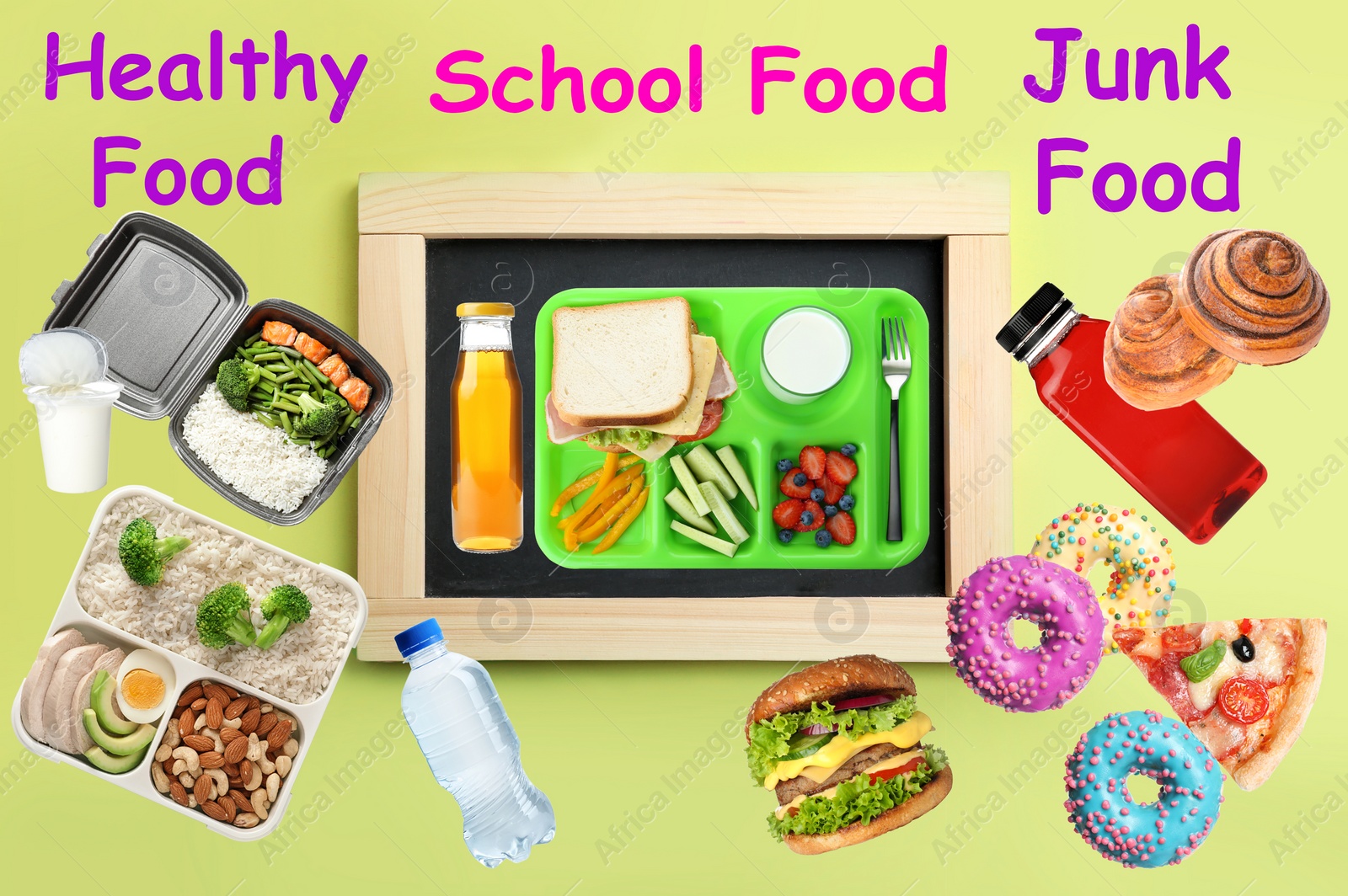 Image of School food, healthy or junk. Different products as variants for lunch 