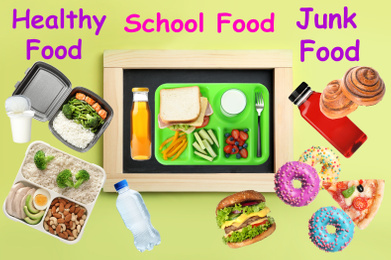 Image of School food, healthy or junk. Different products as variants for lunch 