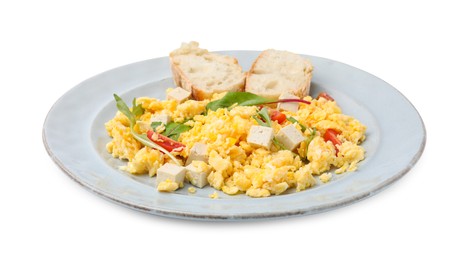 Photo of Plate with delicious scrambled eggs, tofu and slices of baguette isolated on white