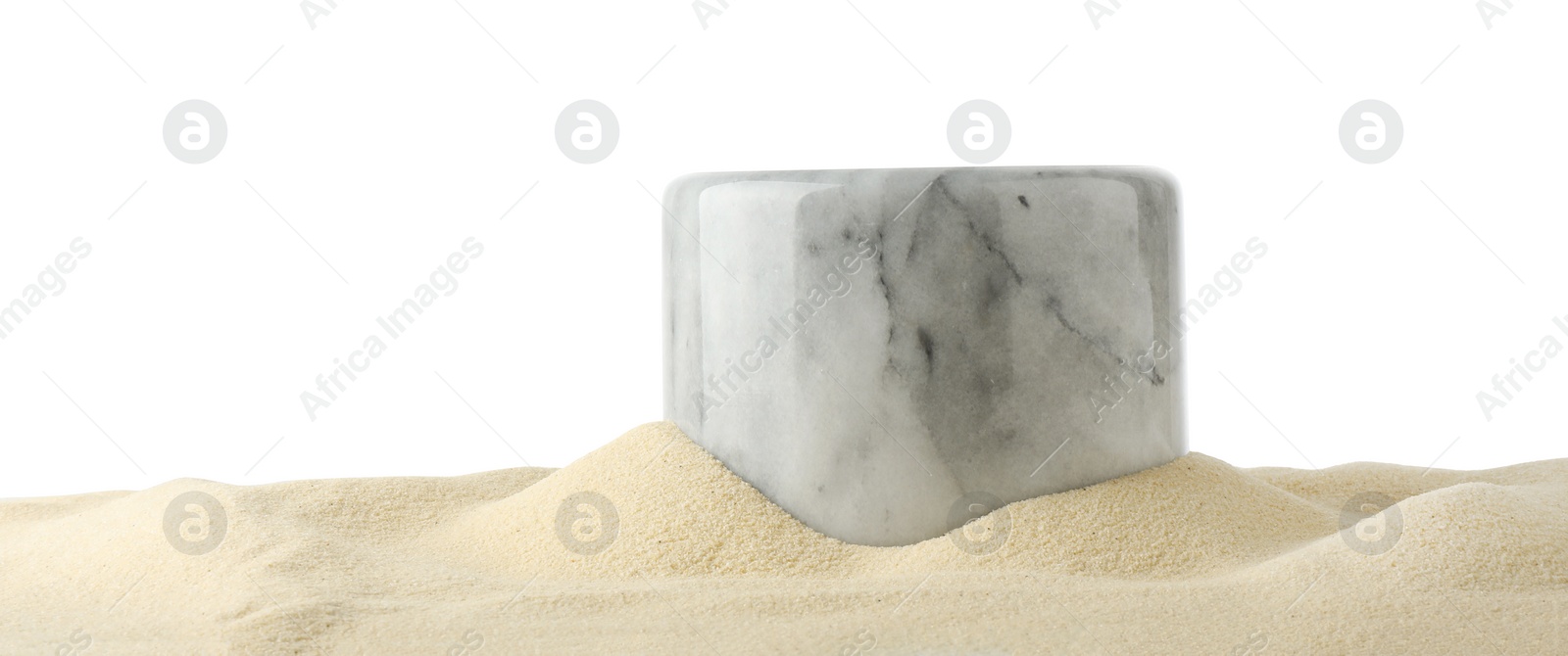 Photo of Presentation of product. Stone podium on sand against white background