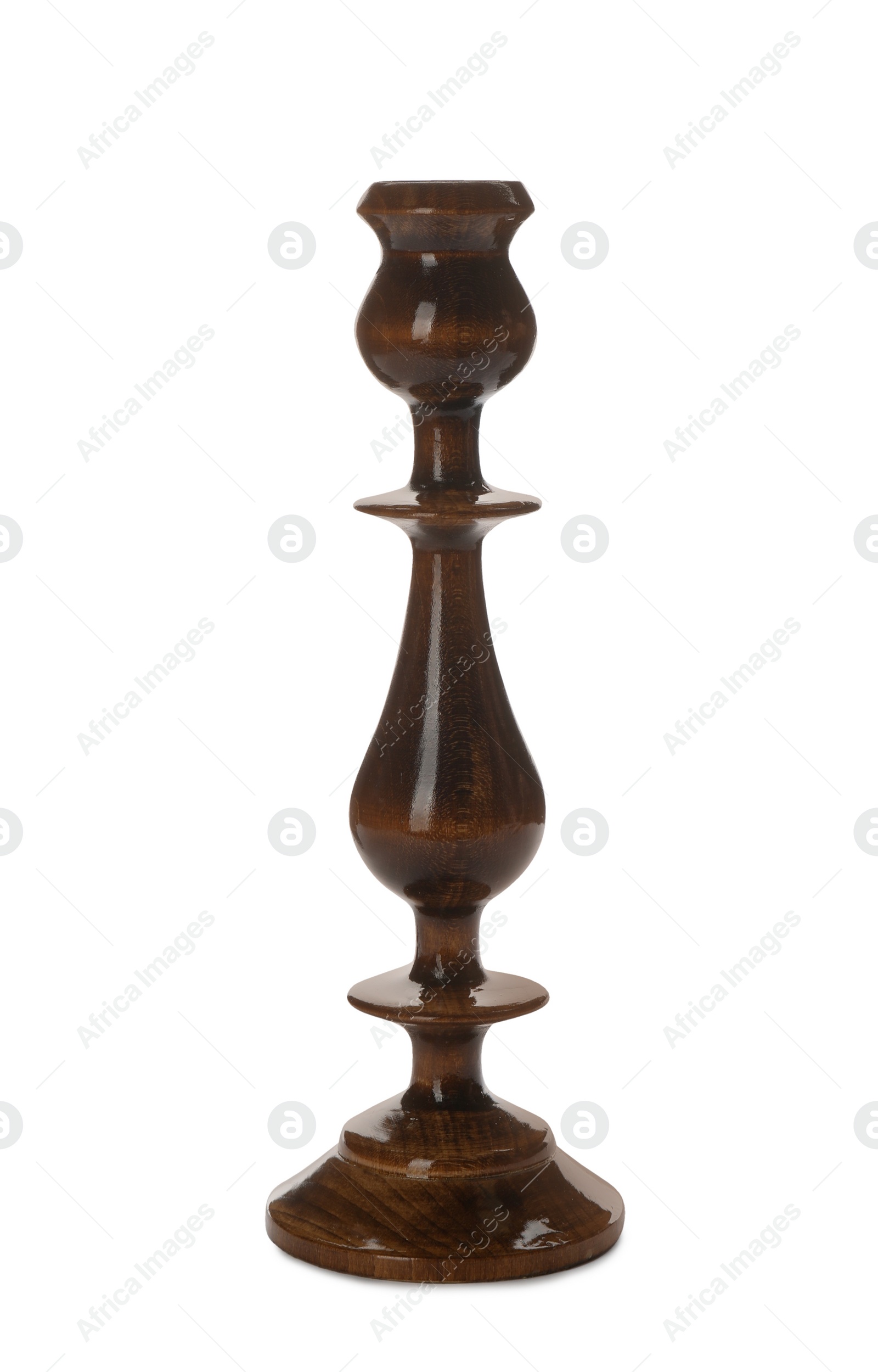 Photo of One stylish wooden candlestick isolated on white