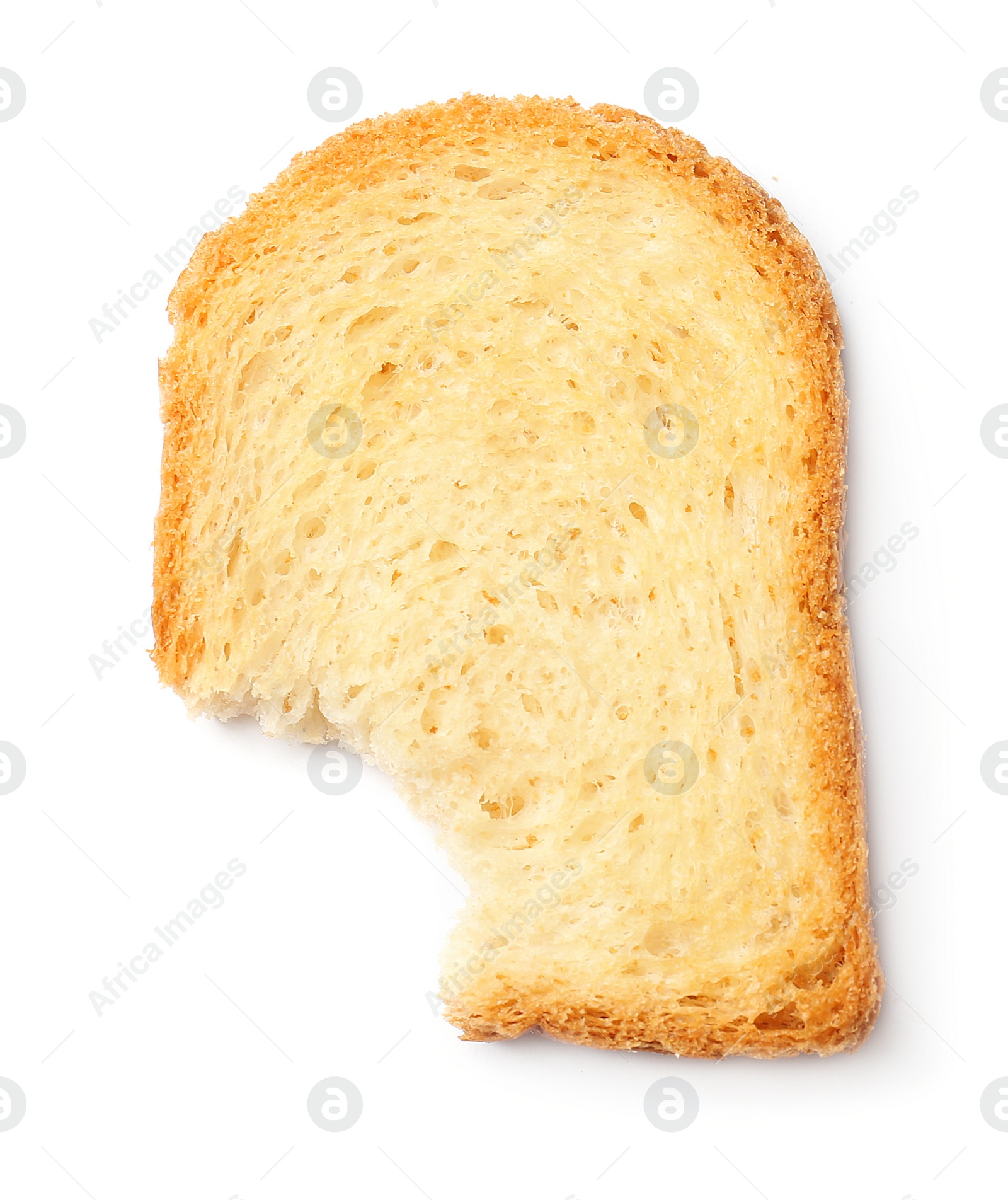 Photo of Toasted bread with bite mark on white background, top view