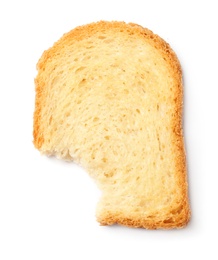 Toasted bread with bite mark on white background, top view