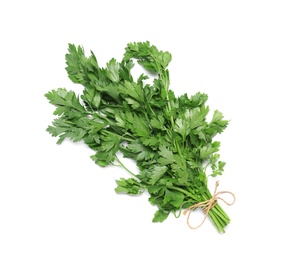 Photo of Fresh green parsley on white background, top view. Aromatic herbs