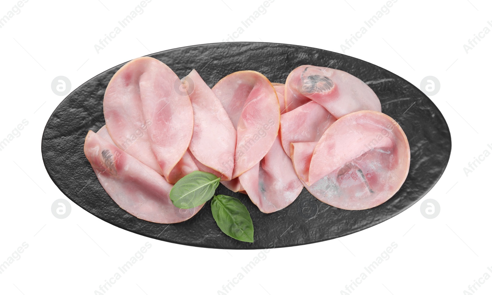 Photo of Slices of tasty ham and basil isolated on white, top view