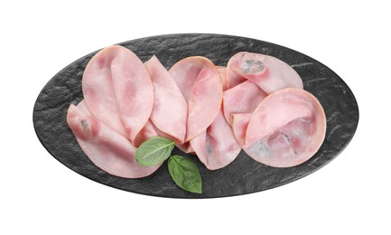 Slices of tasty ham and basil isolated on white, top view