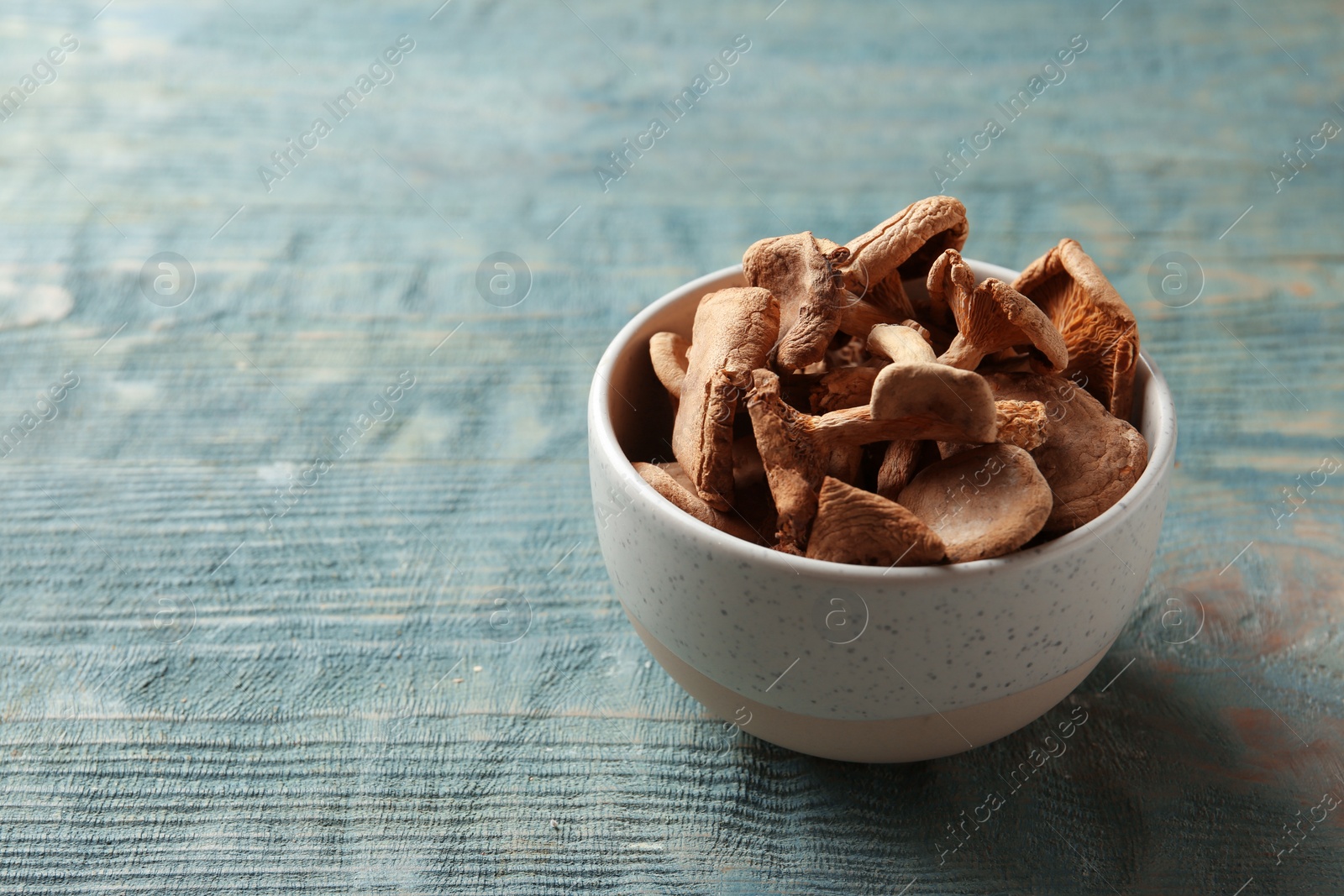 Photo of Bowl of dried mushrooms on color wooden background. Space for text