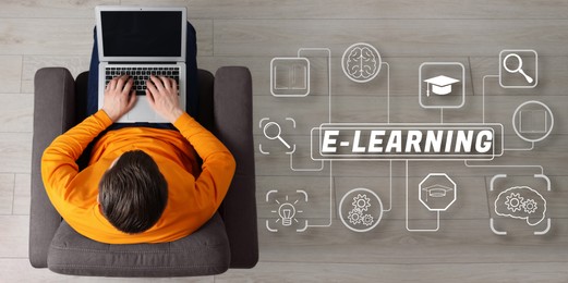 Image of E-learning, banner design. Man working with laptop in armchair, top view. Illustration of scheme with different icons