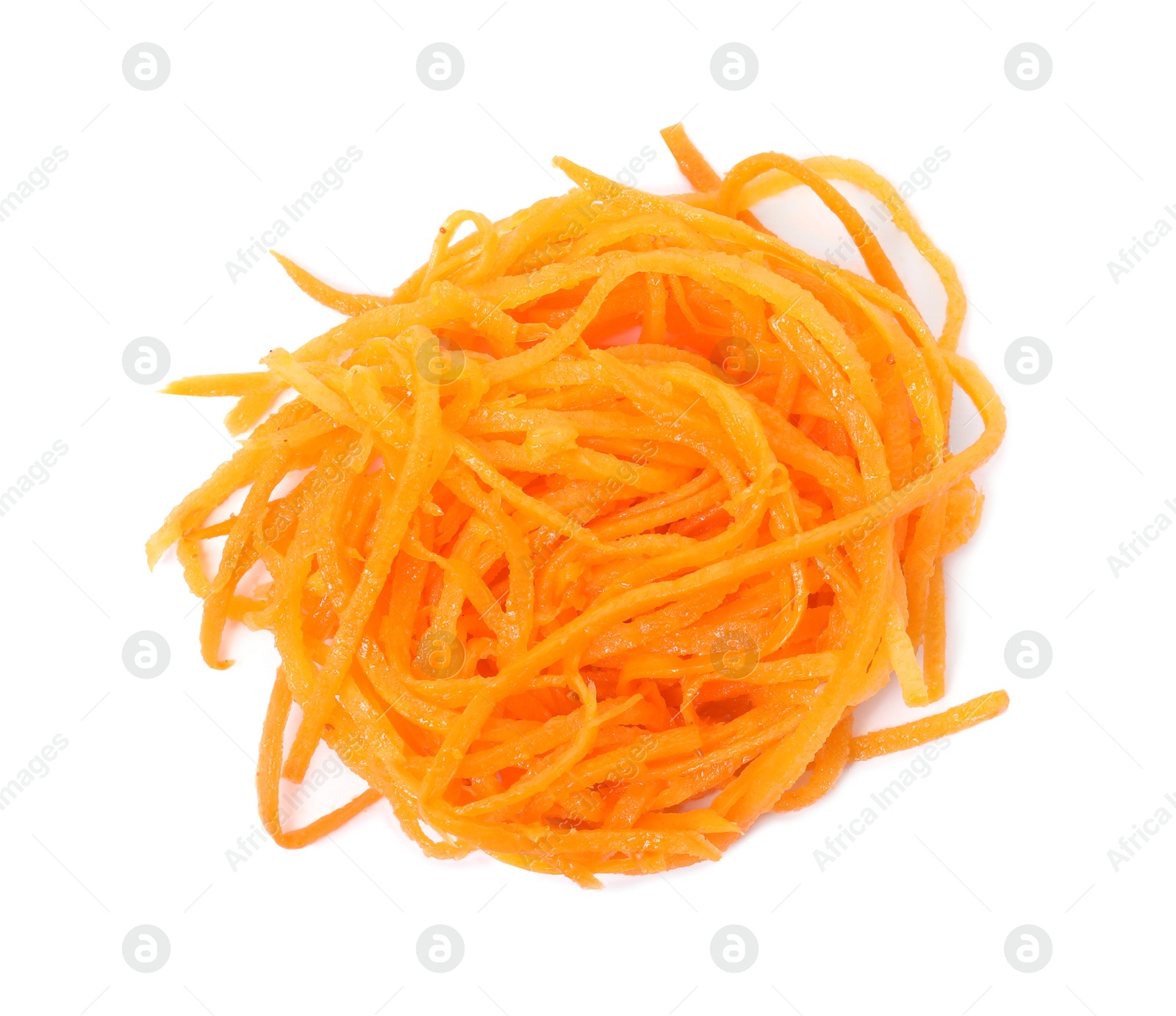 Photo of Delicious Korean carrot salad isolated on white, top view