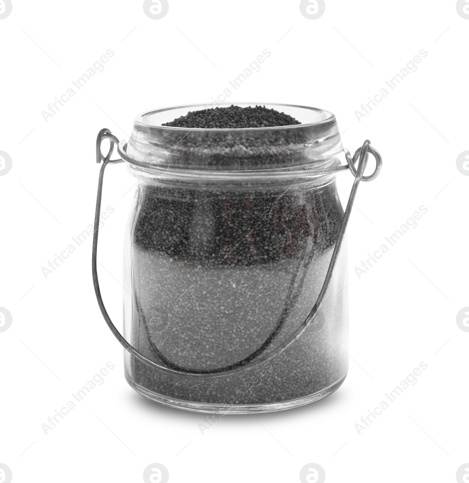 Photo of Poppy seeds in jar isolated on white