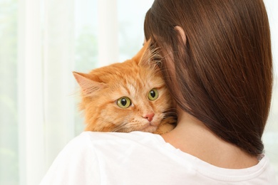 Woman holding adorable red cat on light background