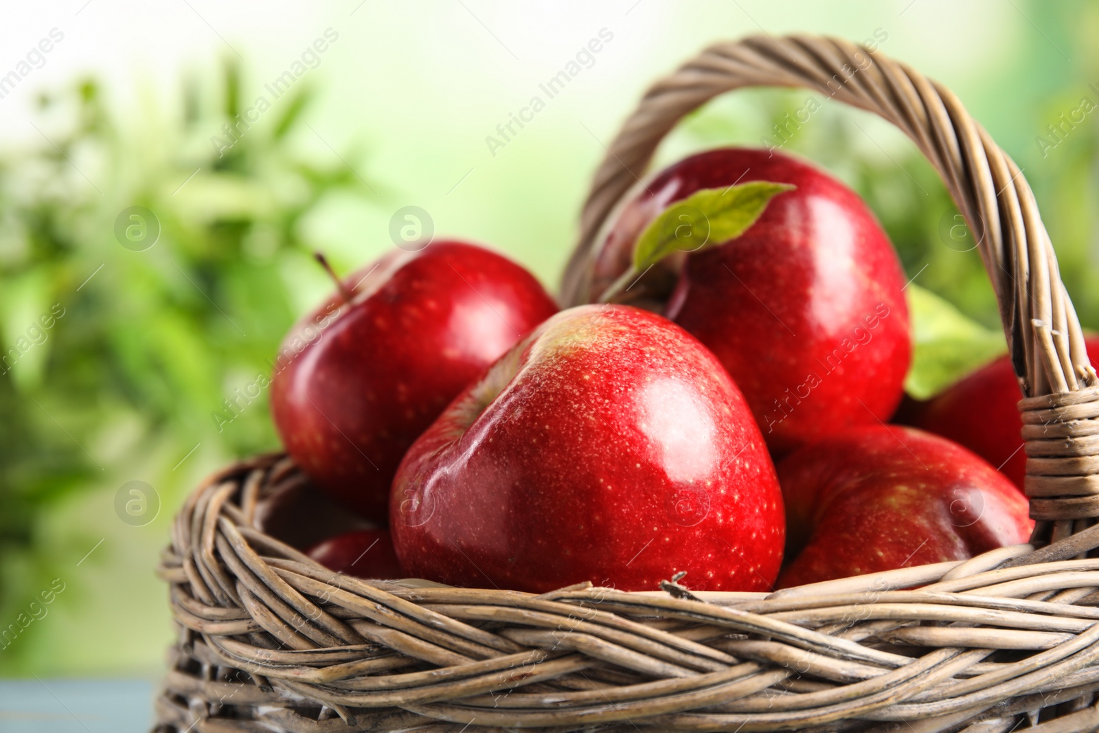 Photo of Wicker basket with ripe juicy red apples against blurred background, closeup