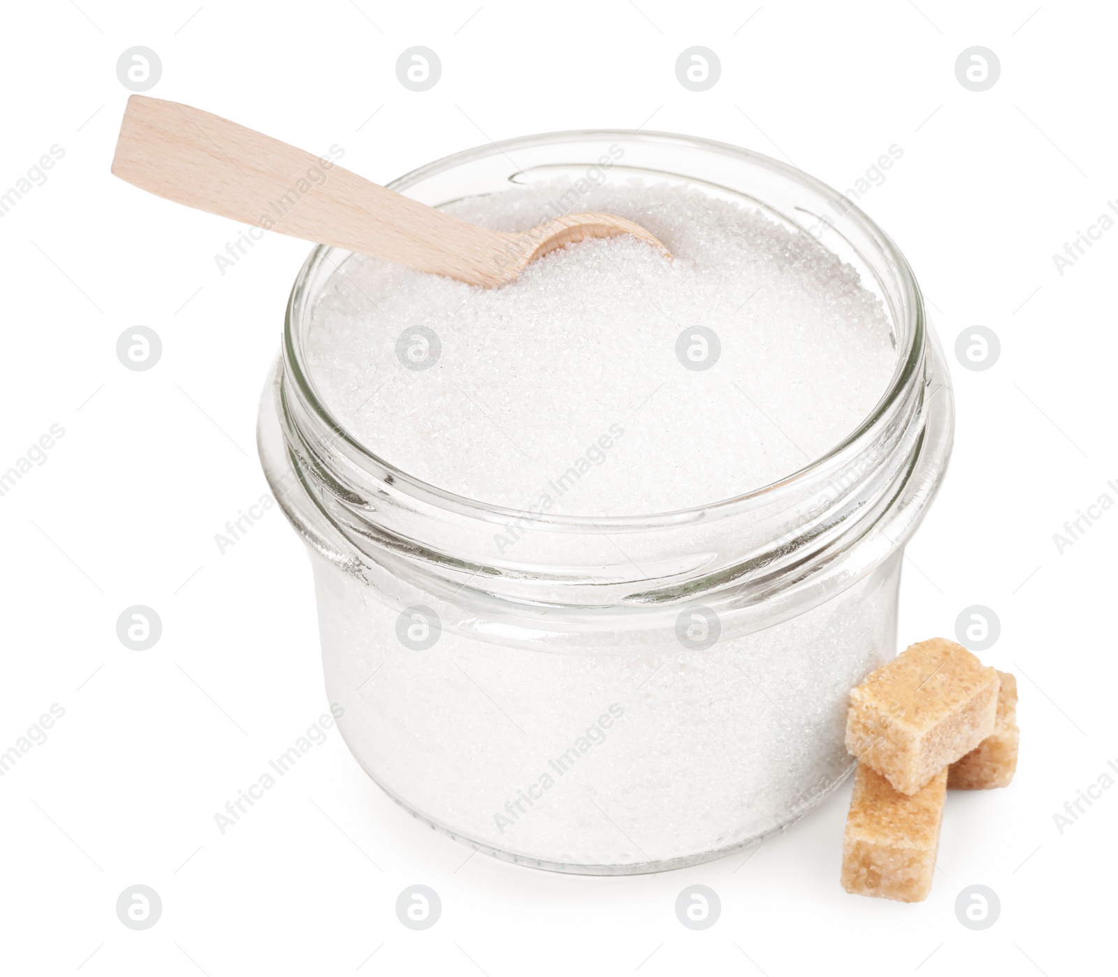 Photo of Different types of sugar and glass jar isolated on white