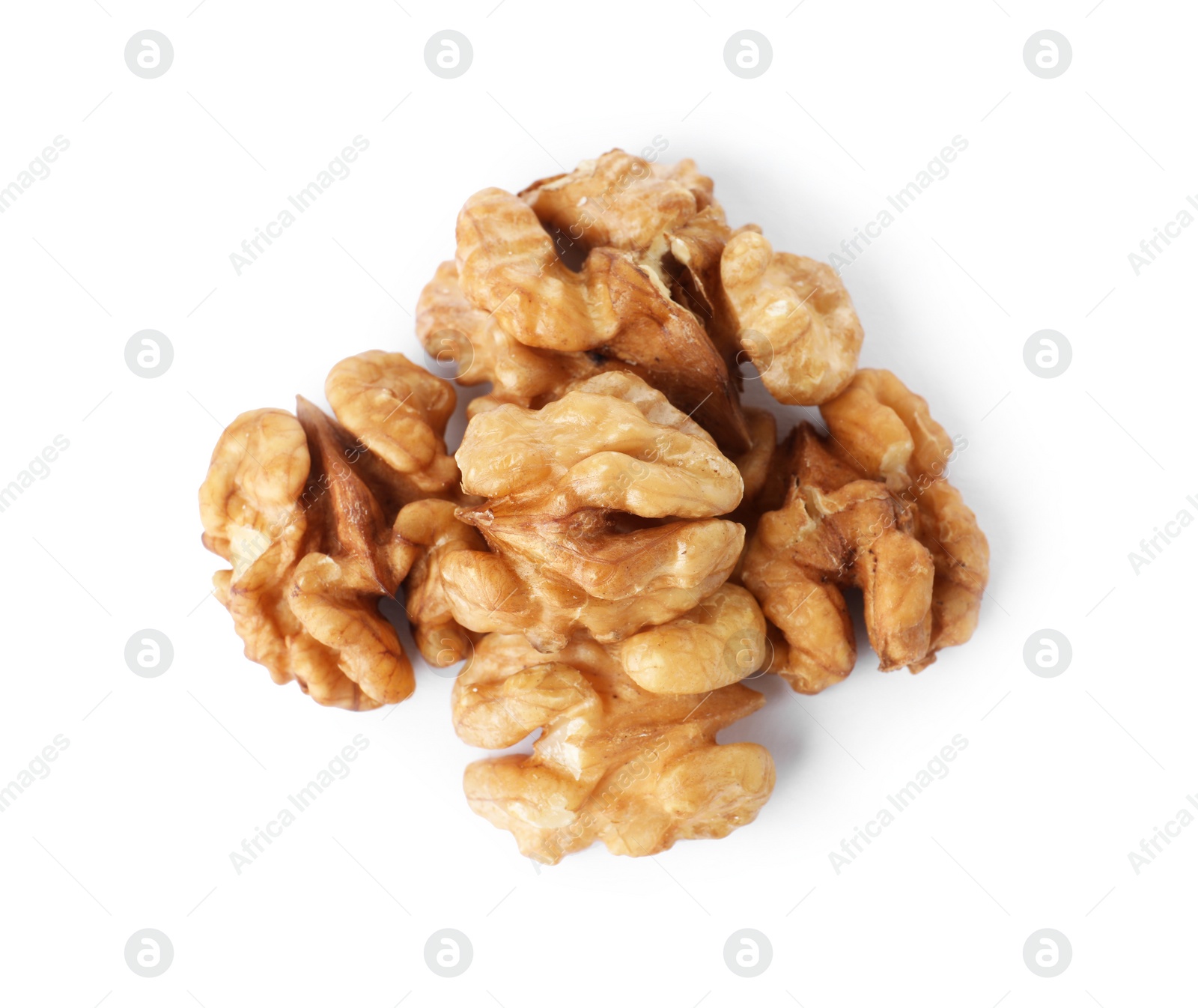 Photo of Heap of tasty walnuts on white background, top view