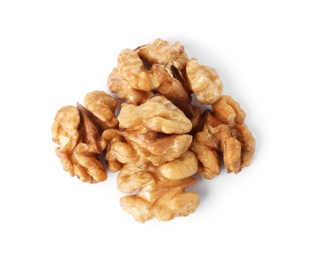 Photo of Heap of tasty walnuts on white background, top view