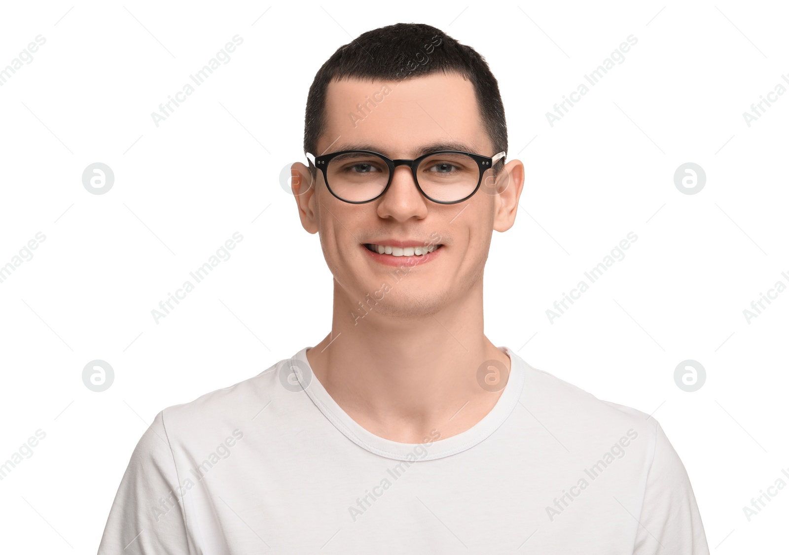 Photo of Young man with glasses on white background