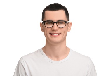 Photo of Young man with glasses on white background
