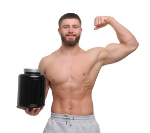 Photo of Young man with muscular body holding jar of protein powder on white background