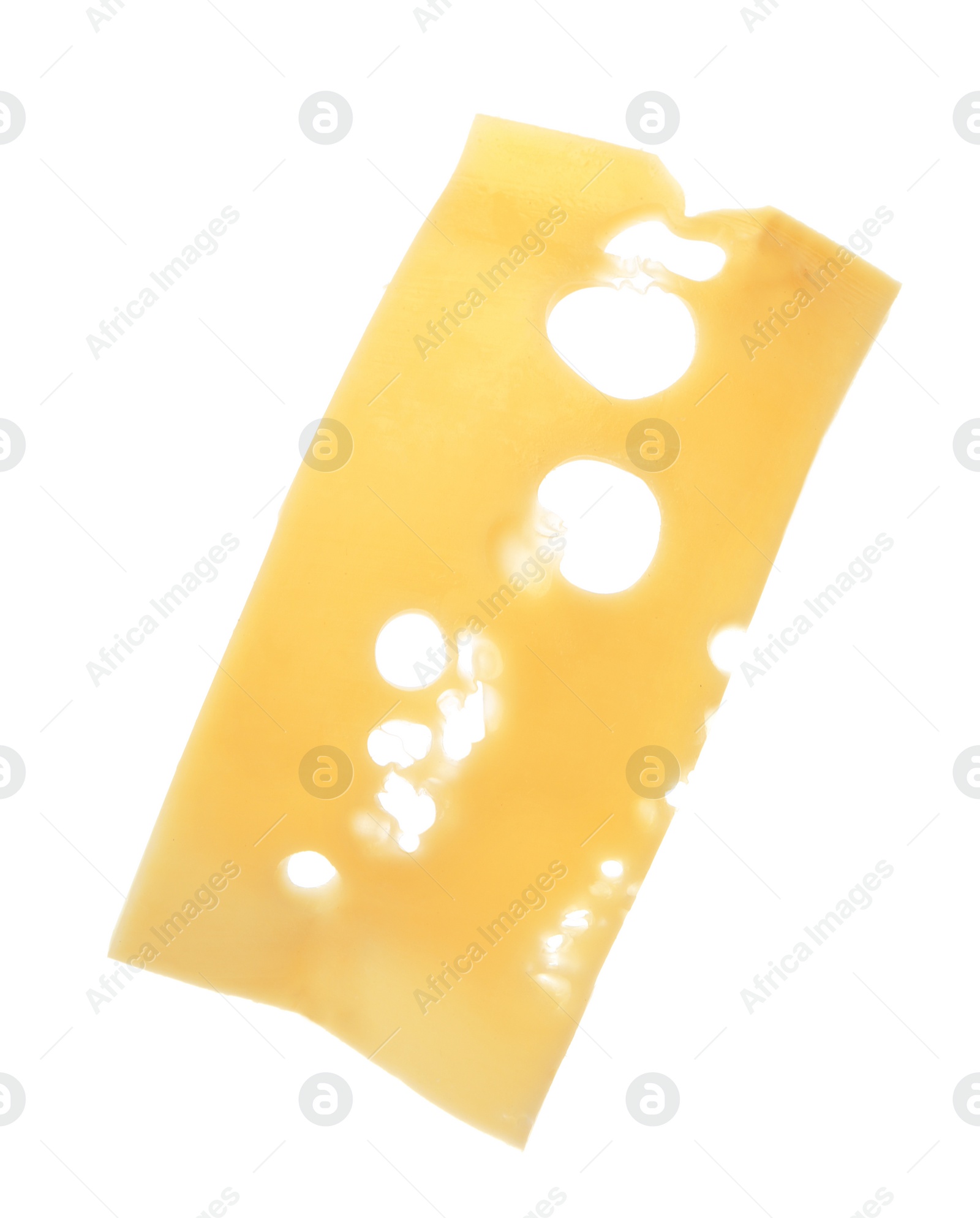 Photo of Slice of tasty cheese on white background