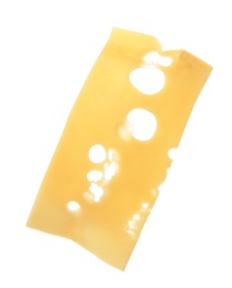 Slice of tasty cheese on white background