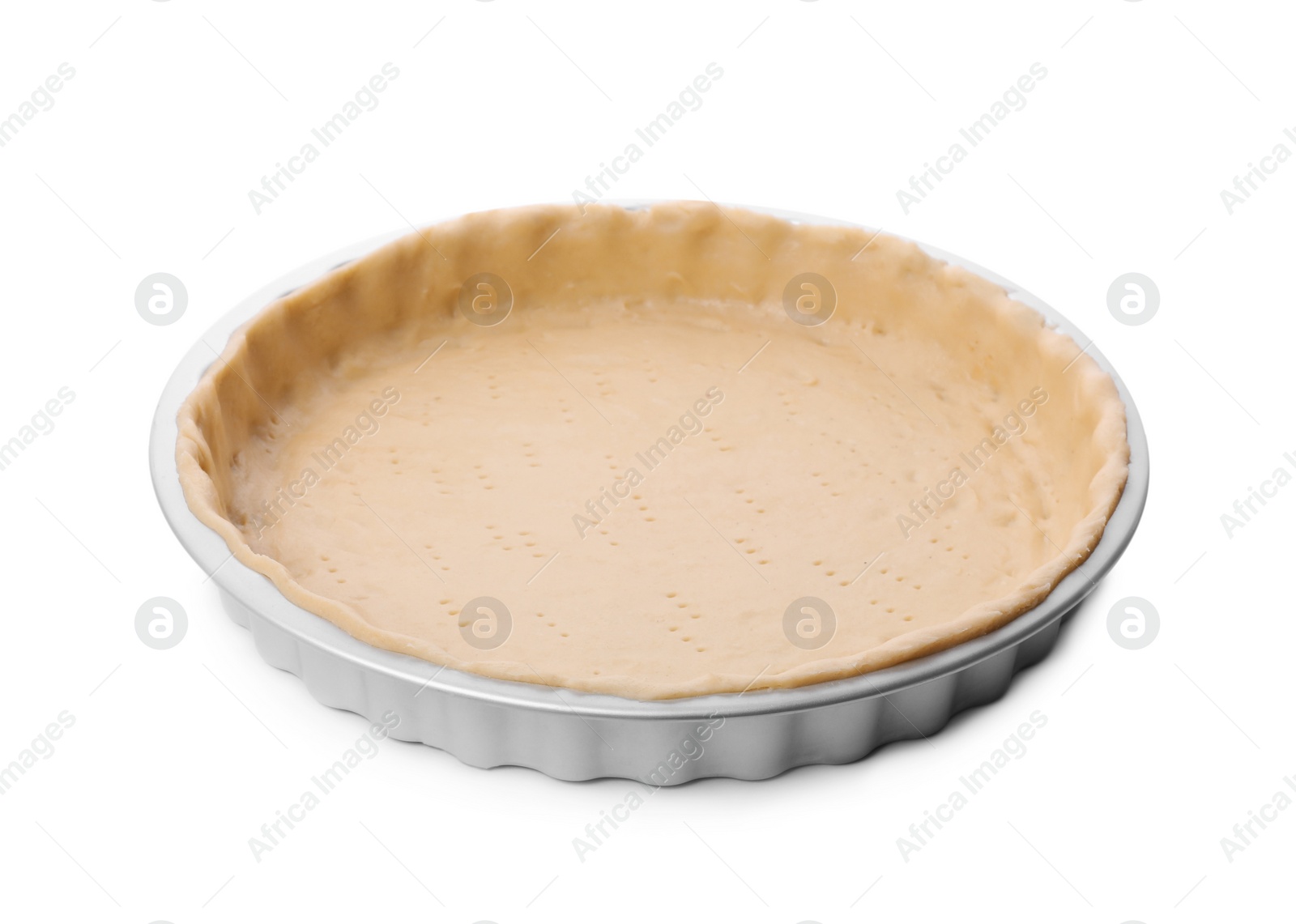 Photo of Making quiche. Tart pan with fresh dough isolated on white