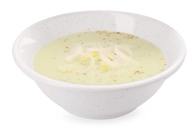 Photo of Bowl of tasty leek soup isolated on white