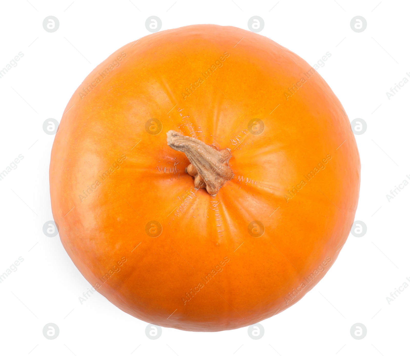 Photo of One fresh orange pumpkin isolated on white, top view