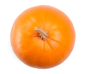 Photo of One fresh orange pumpkin isolated on white, top view