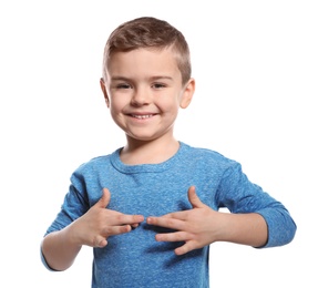 Photo of Little boy showing word EXCITED in sign language on white background
