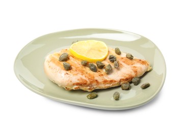 Photo of Delicious chicken fillet with capers and lemon isolated on white