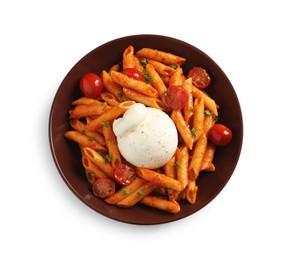 Photo of Delicious pasta with burrata cheese and tomatoes isolated on white, top view