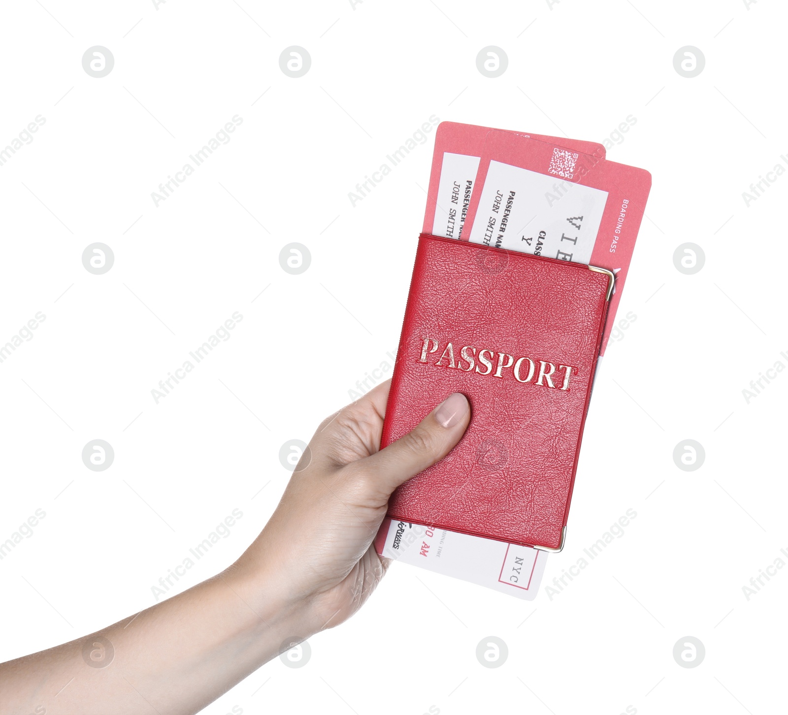 Photo of Woman holding passport with tickets isolated on white, closeup