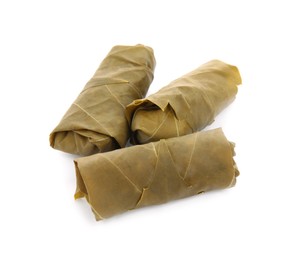 Photo of Delicious stuffed grape leaves on white background